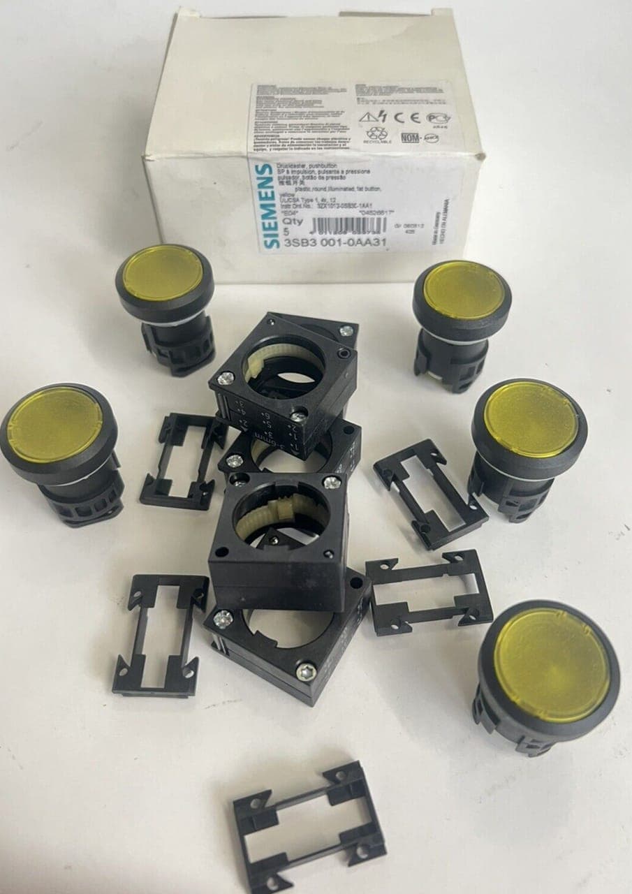 5 Stk. Siemens 3SB3001-0AA31 Leuchtdrucktaster, 22mm, Rund, Gelb NEU & OVP