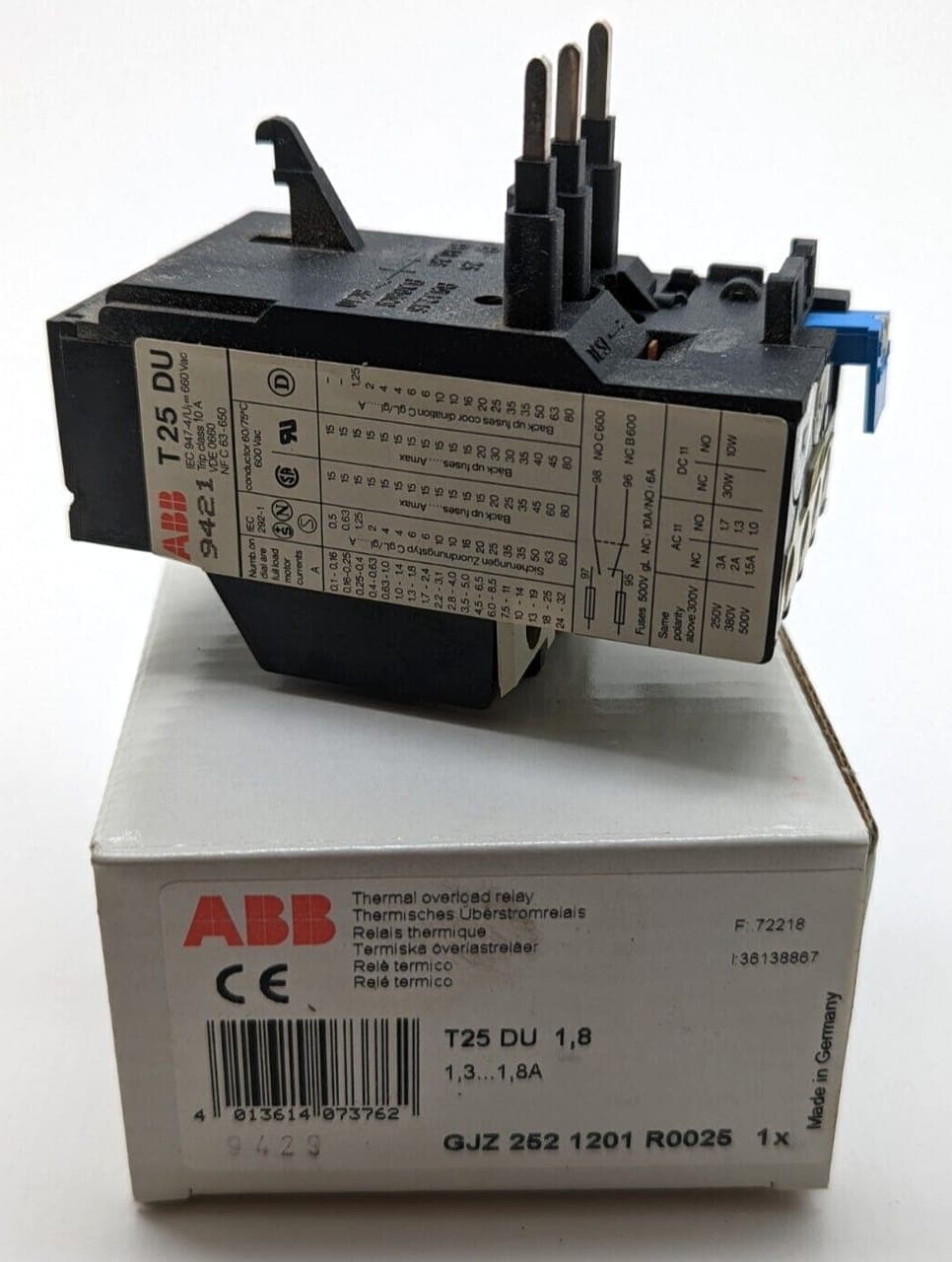 ABB T25DU1,8 Überstromrelais GJZ 252 1201 R0025 NEU / OVP