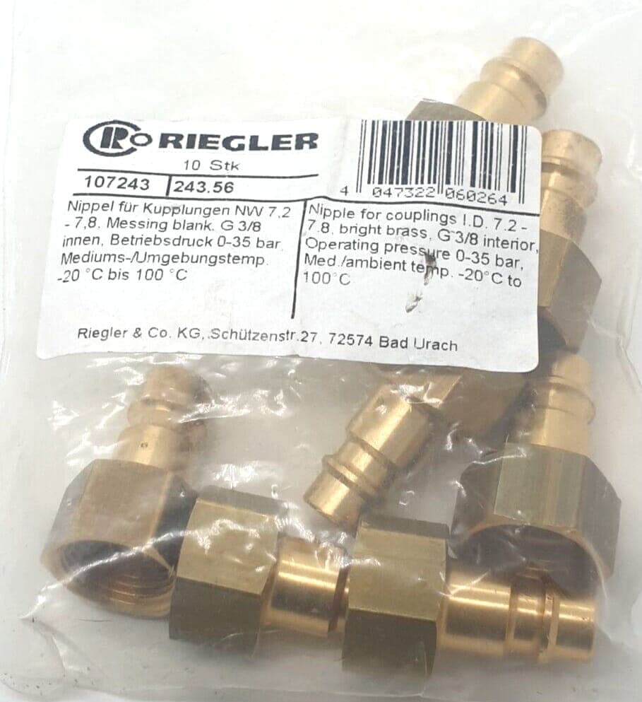 7x Riegler Nippel für Kupplungen NW 7,2,-7,8,MS blank, G 3/8 innen 107243
