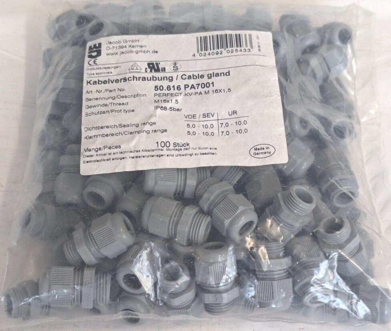 100x Jacob 50.616 PA7001 Kabelverschraubung M16x1,5 NEU